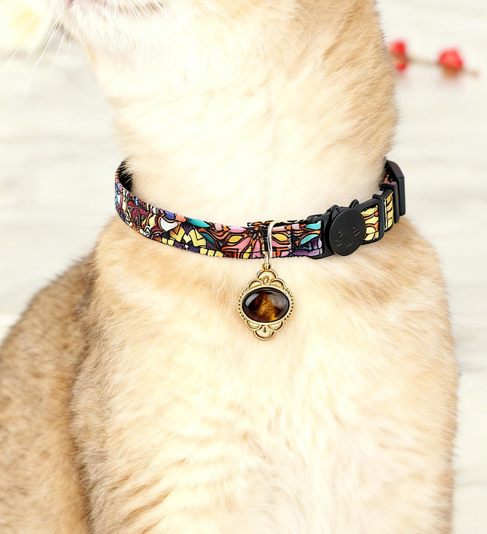 Tiger Eye Crystal Pet Collar – Adjustable Polyester Safety-Release Collar w/ Natural Tiger Eye Charm