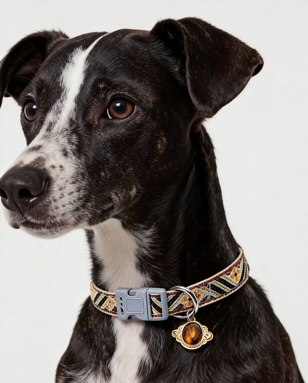 English: Natural Tiger's Eye Pet Collar - "The Warrior" Crystal Charm - Boho Geometric Pattern (Adjustable for Small/Medium Dogs)