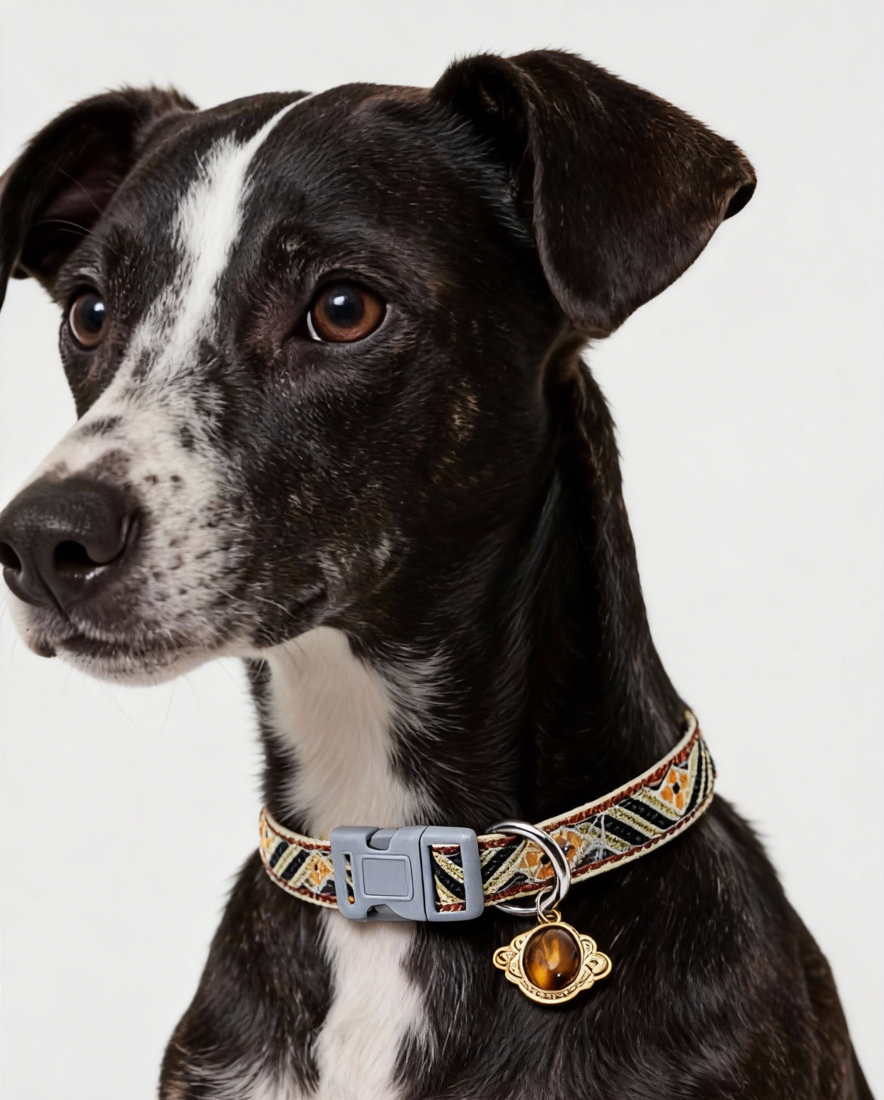 English: Natural Tiger's Eye Pet Collar - "The Warrior" Crystal Charm - Boho Geometric Pattern (Adjustable for Small/Medium Dogs)