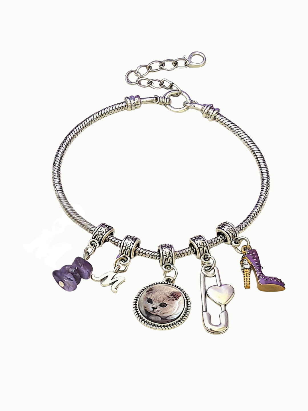 Handcrafted natural Amethyst crystal bag charm for pet memorial, featuring a custom pet portrait and healing purple gemstones to soothe grief.