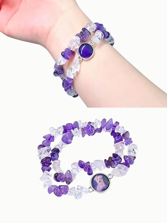 Handcrafted pet memorial bracelet made with natural black Onyx and Amethyst healing crystals, featuring a personalized photo charm that reacts to body heat.