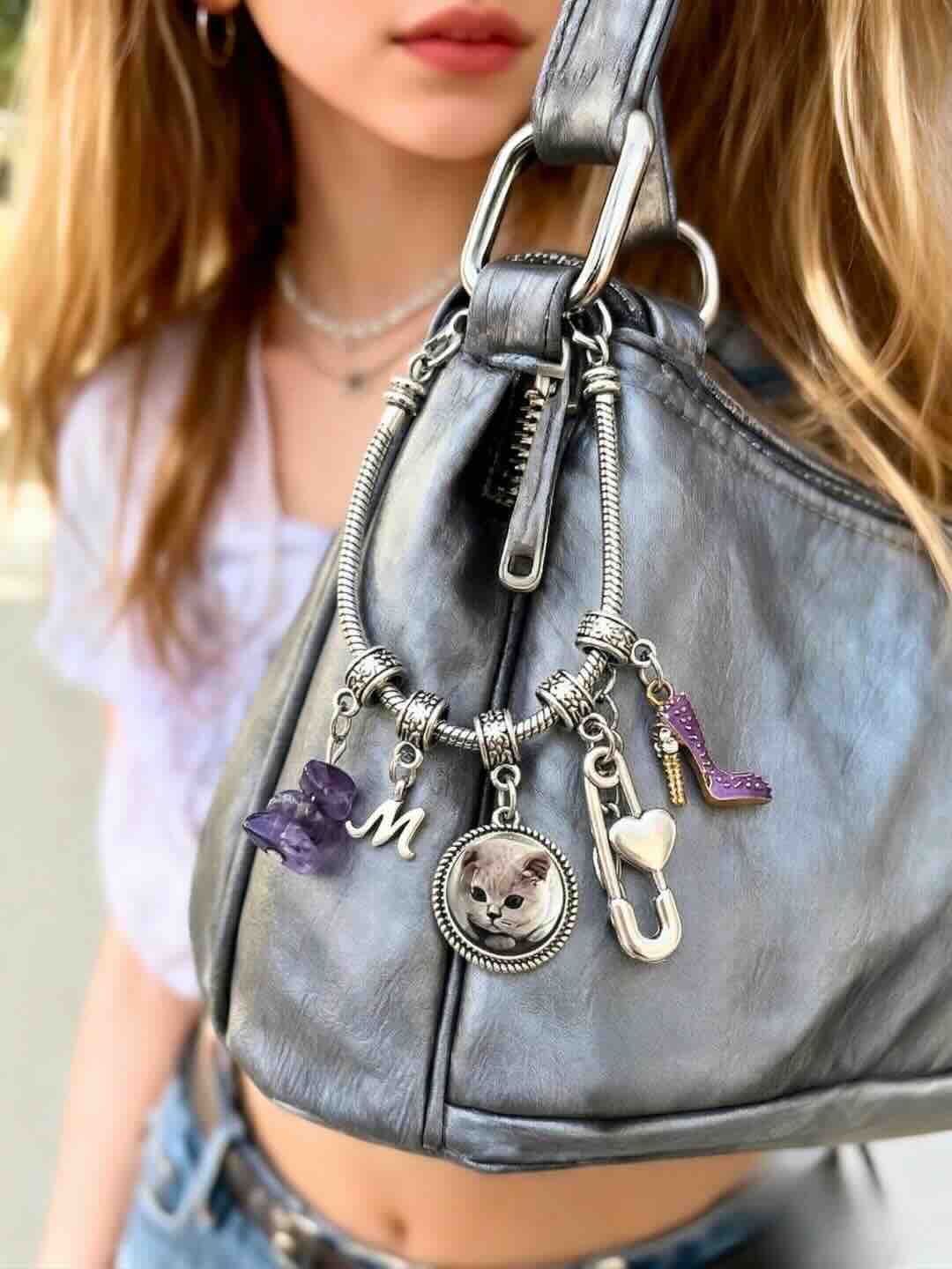 Personalized initial pet photo charm with clear quartz, a versatile accessory for backpacks, handbags, or keychains as a unique pet lover gift