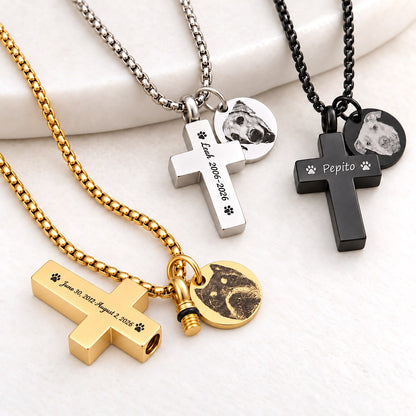 Personalized pet cremation cross necklaces in gold, silver, and black with laser-engraved pet photo charms.
