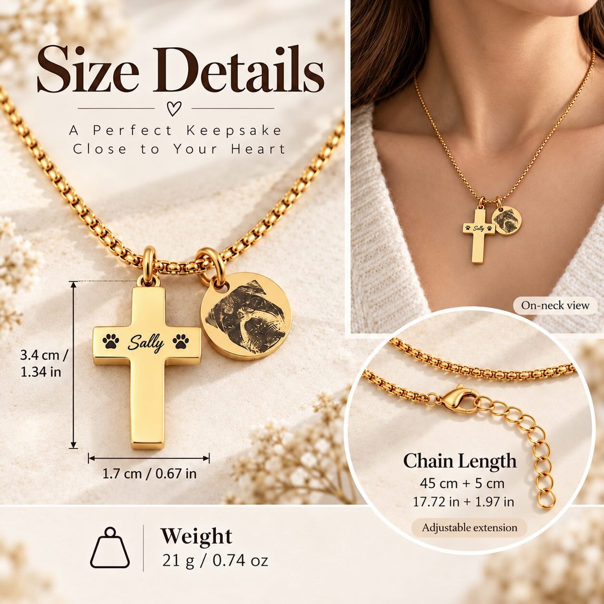 Size guide for a gold pet urn cross necklace showing pendant dimensions, adjustable chain length, weight, and on-neck scale.