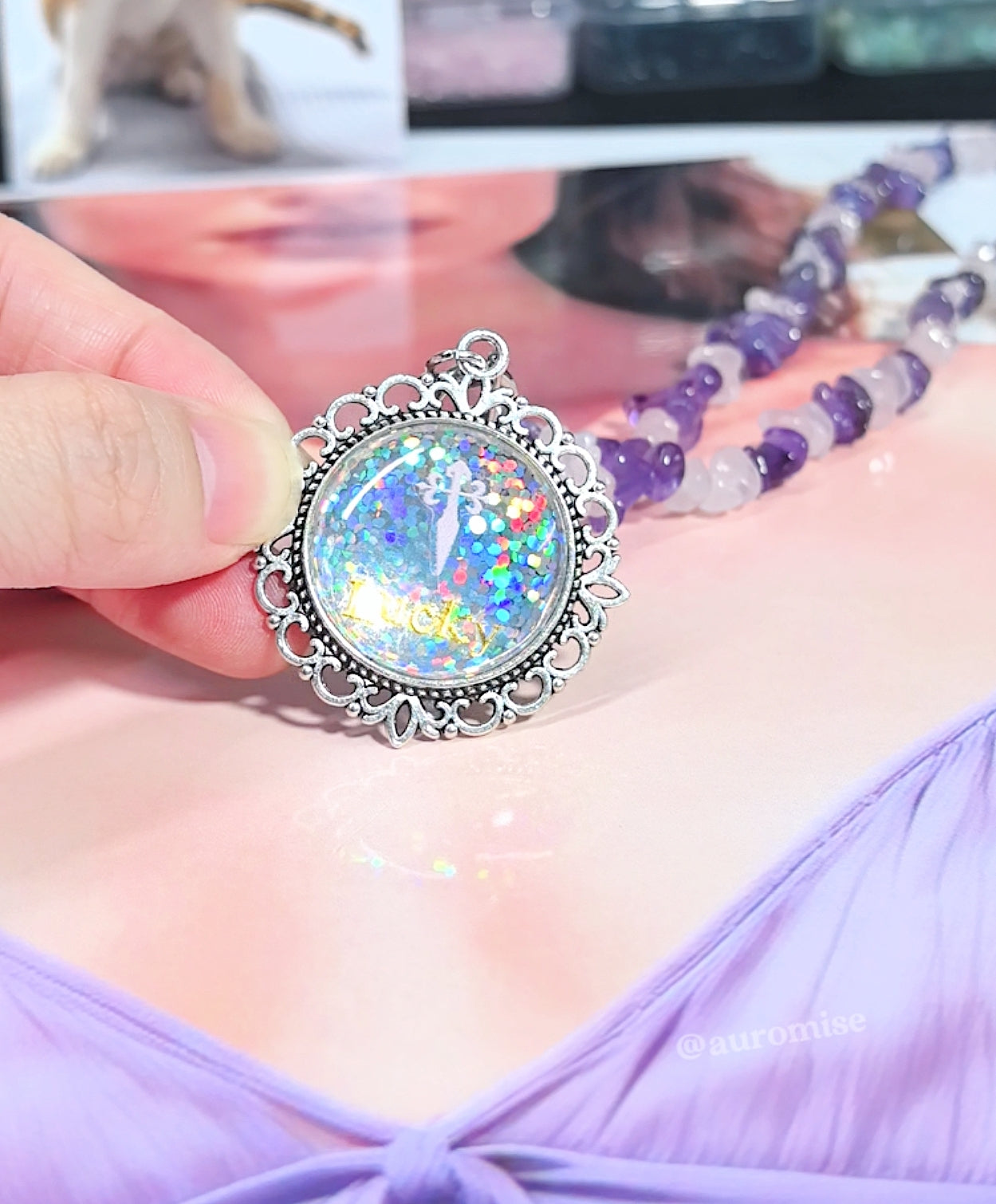 Custom Pet Photo Amethyst & Rose Quartz Necklace | Spiritual Memorial Keepsake
