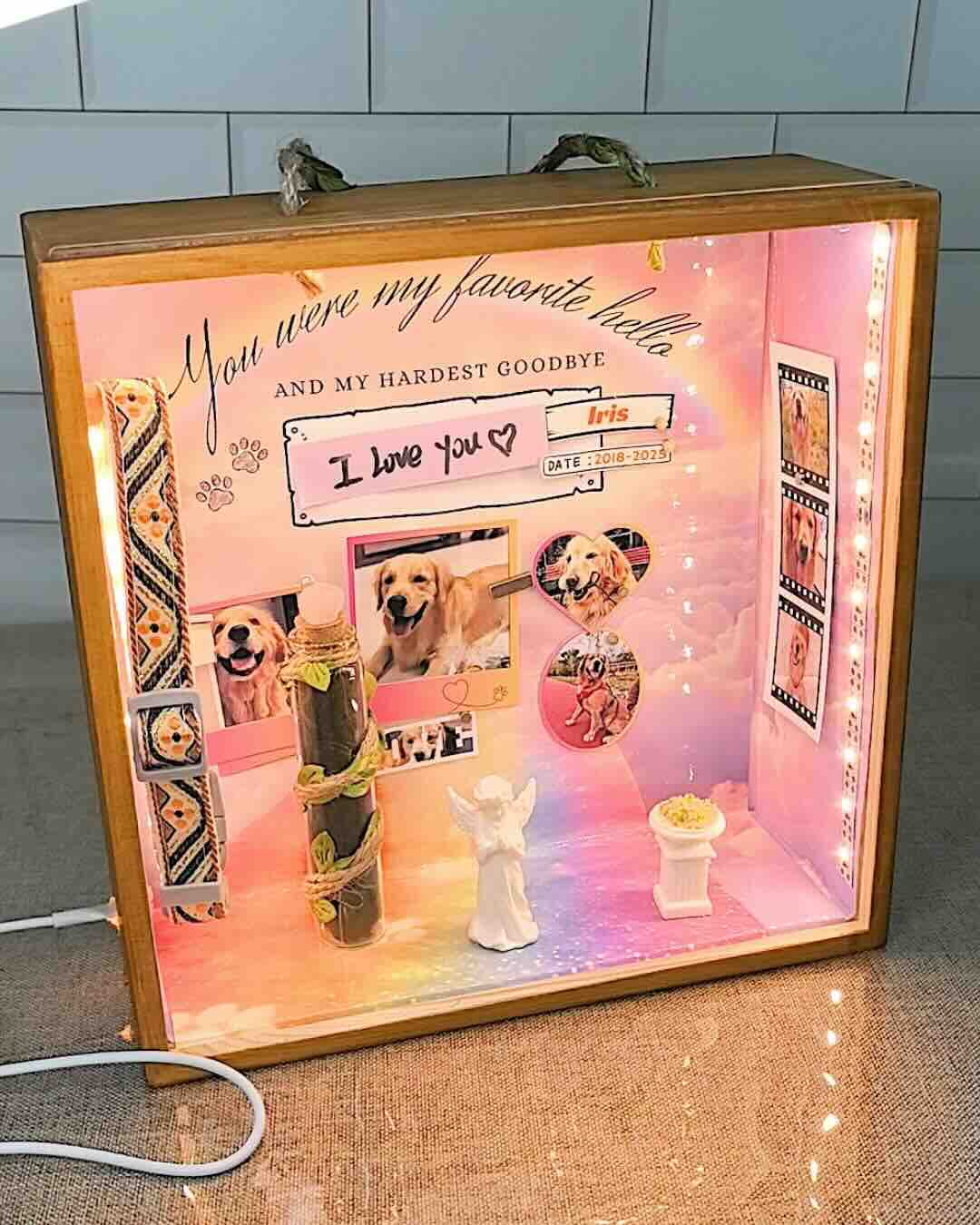 A personalized pet memorial shadow box with "You were my favorite hello and my hardest goodbye" text, featuring a golden retriever photo collage and LED rainbow bridge background.