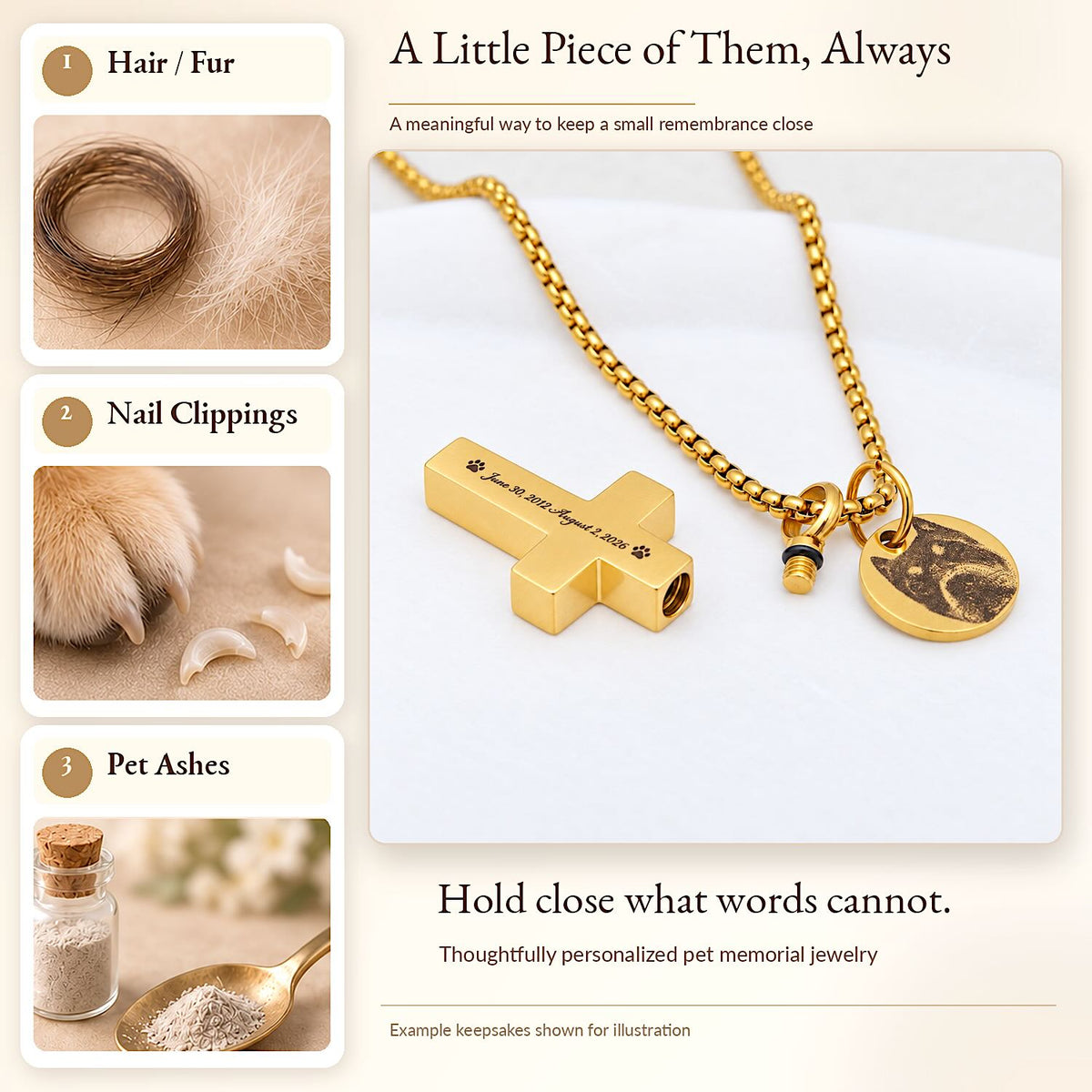 Gold pet urn cross necklace with a screw-open compartment designed to hold a small amount of pet fur or ashes.