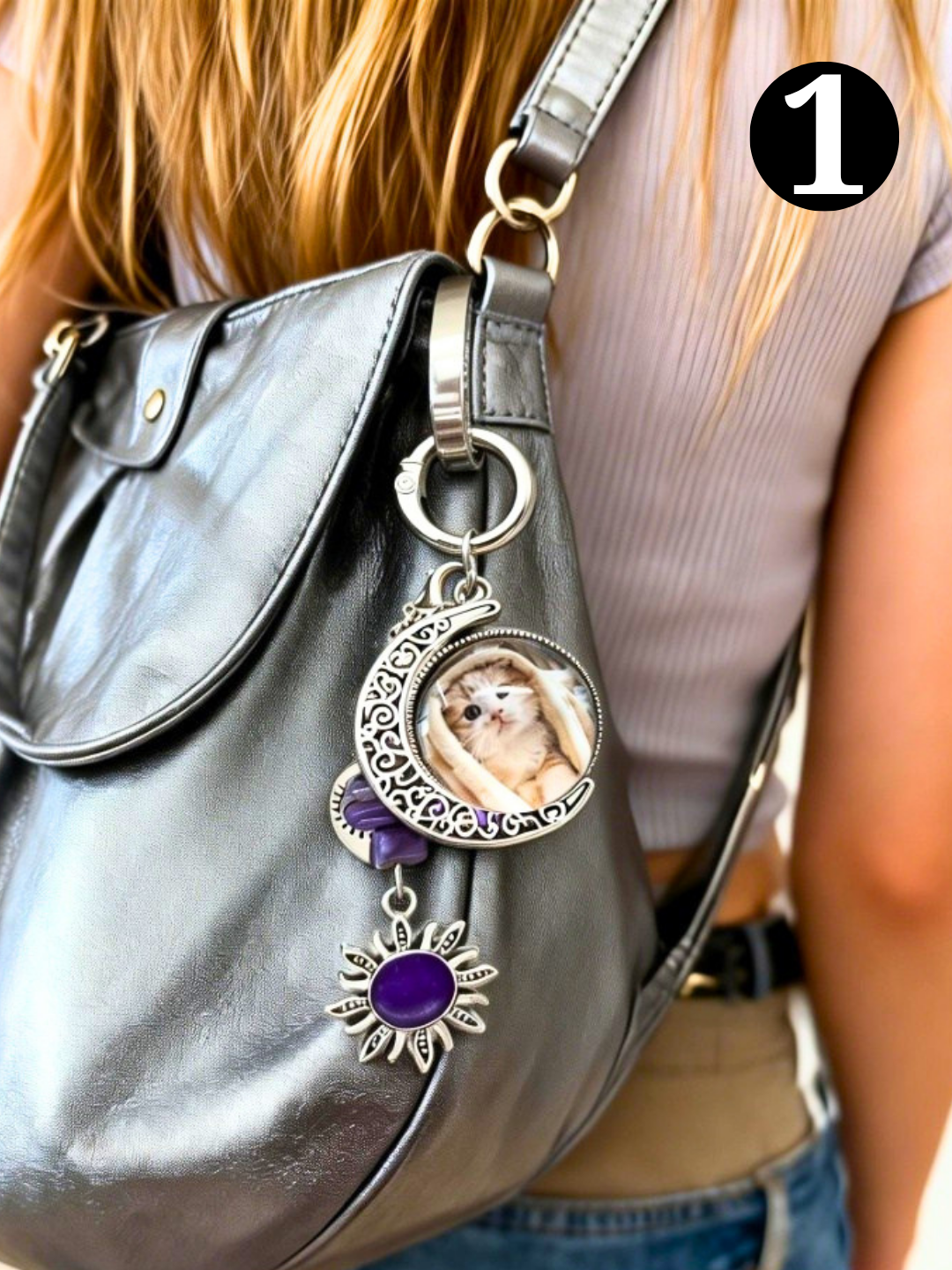Healing crystal bag charm featuring a personalized pet portrait, designed for pet loss support and daily comfort.