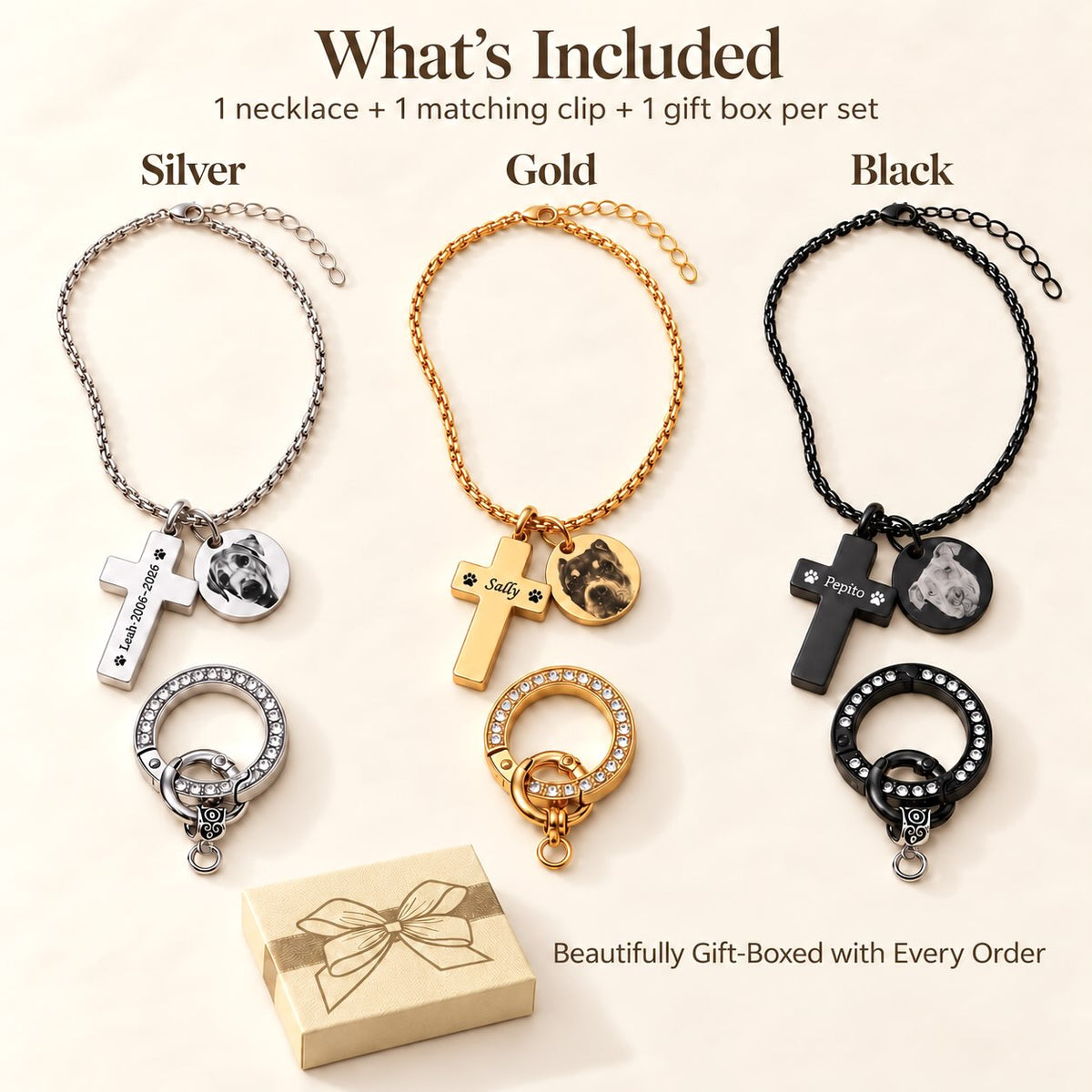 Personalized pet memorial necklace sets in silver, gold and black, each with a matching keyring clip and gift box.