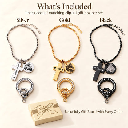 Personalized pet memorial necklace sets in silver, gold and black, each with a matching keyring clip and gift box.