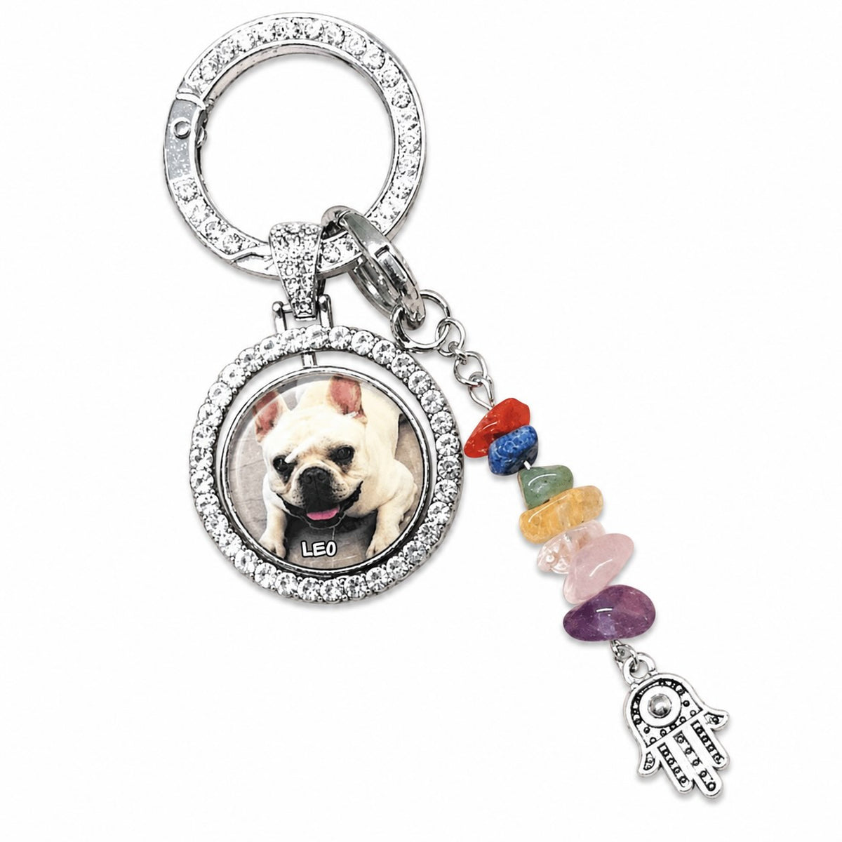Personalized dog photo memorial keychain with rhinestone frame, rainbow crystal stones and charm