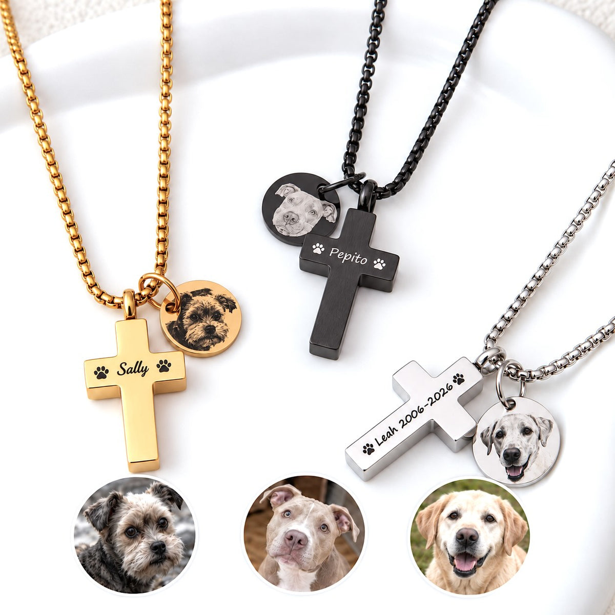 Original dog photos and their engraved portrait charms on gold, silver, and black personalized pet memorial cross necklaces.