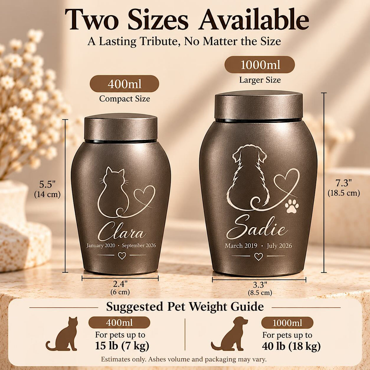 Size chart comparing 400 ml and 1000 ml pet urns, dimensions and suggested pet weights