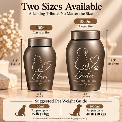 Size chart comparing 400 ml and 1000 ml pet urns, dimensions and suggested pet weights