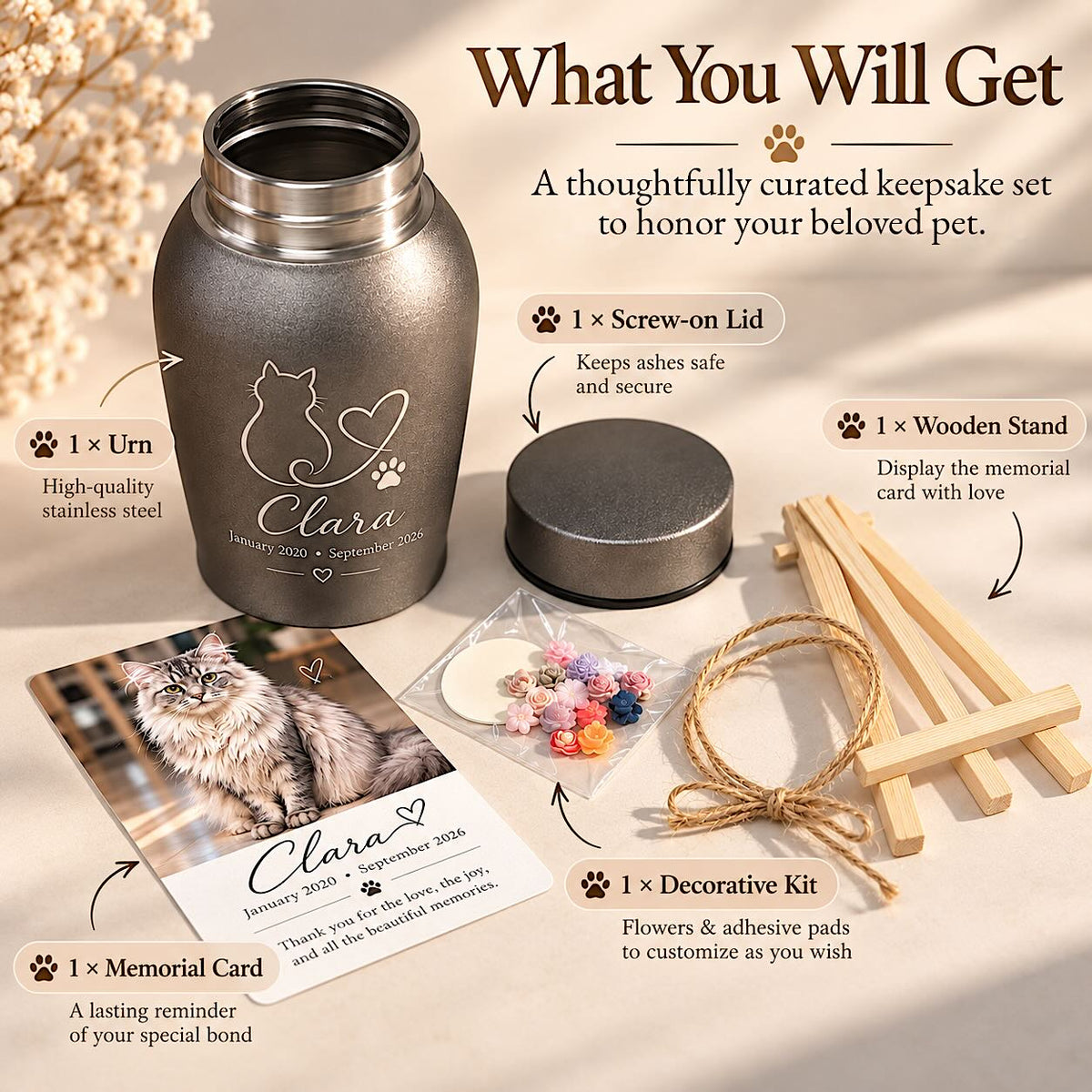 Labeled set showing stainless steel urn, screw-on lid, photo memorial card, wooden stand and decorative kit