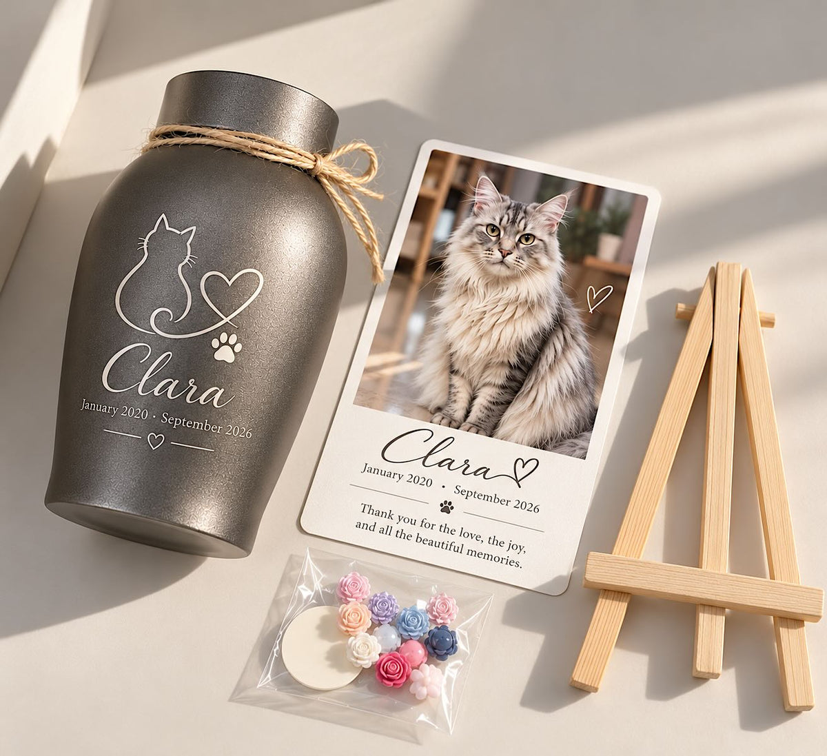 Flat lay of engraved pet urn, photo memorial card, wooden display stand and decorative flowers