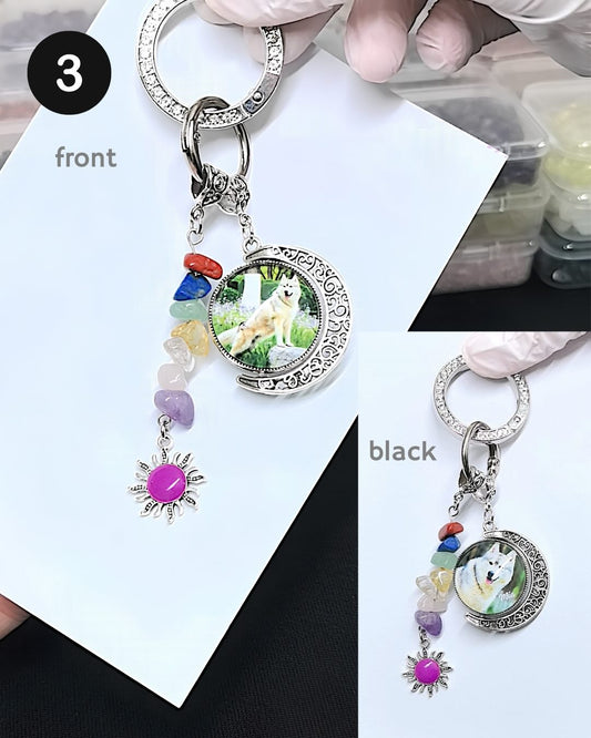 Custom pet photo keychain with a circular pet portrait charm.
