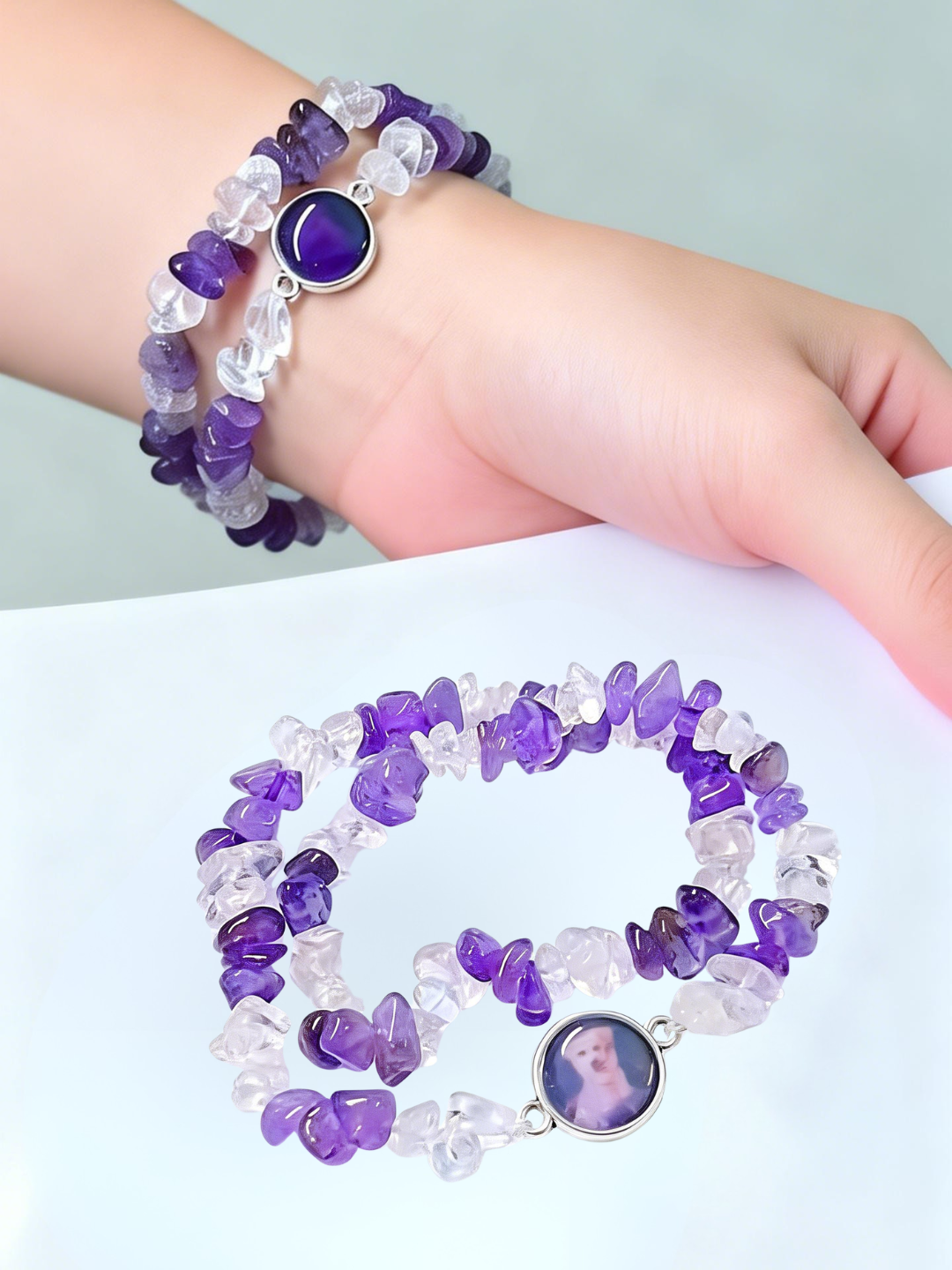 A touching Rainbow Bridge pet loss sympathy gift. This personalized crystal keepsake bracelet provides comfort for grieving pet parents through a hidden secret photo.