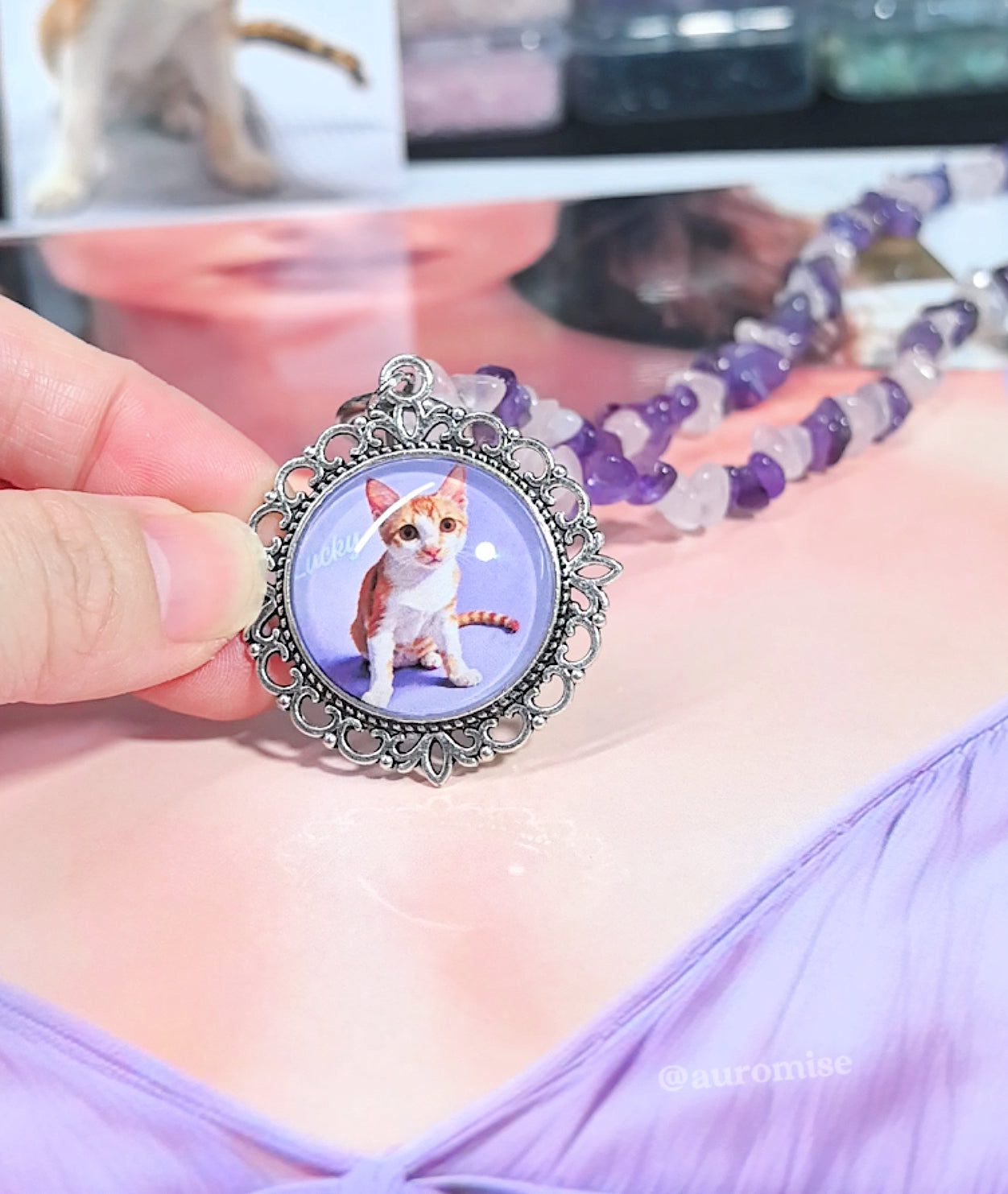 Custom Pet Photo Amethyst & Rose Quartz Necklace | Spiritual Memorial Keepsake