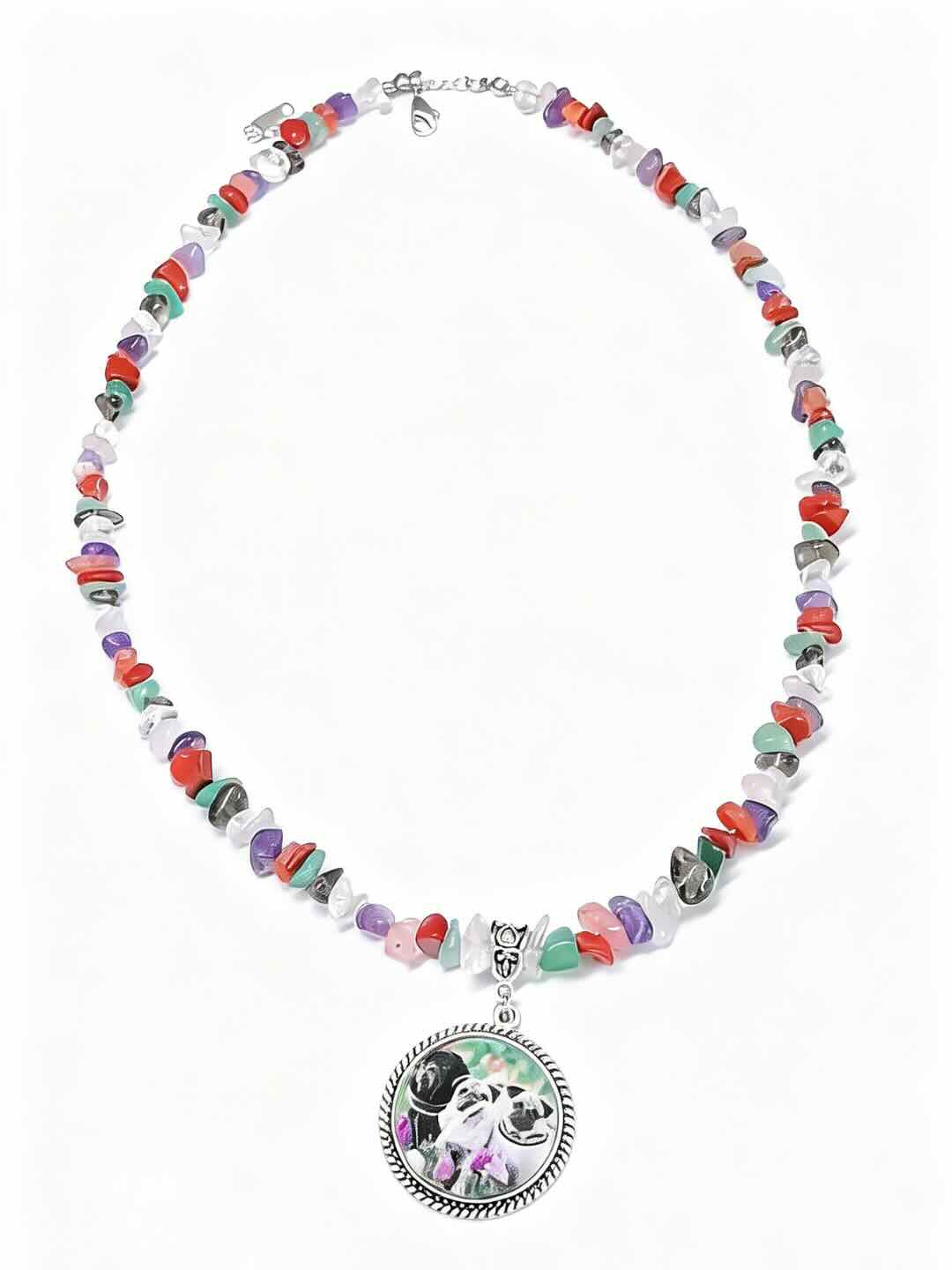 A meaningful Rainbow Bridge pet memorial necklace with 7-color natural crystal stones and a custom pet photo pendant to keep your pet's soul close.