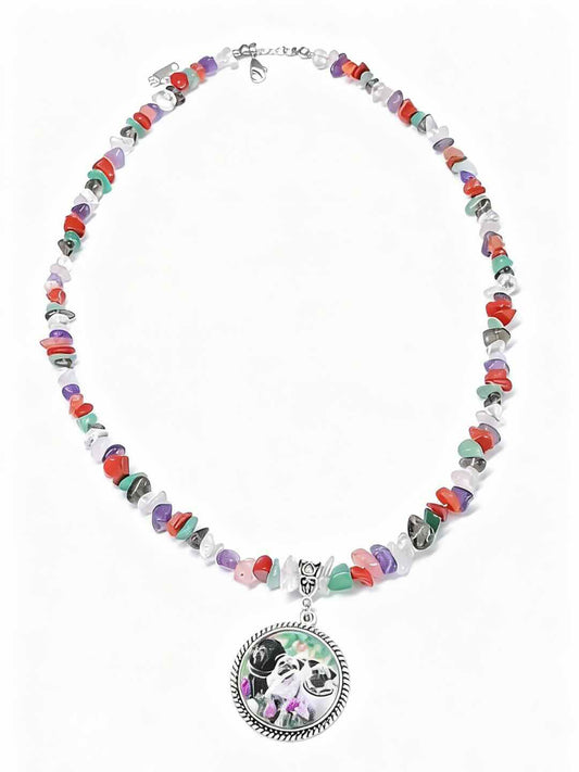 A meaningful Rainbow Bridge pet memorial necklace with 7-color natural crystal stones and a custom pet photo pendant to keep your pet's soul close.