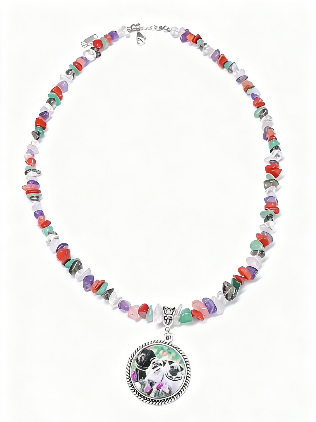 A meaningful Rainbow Bridge pet memorial necklace with 7-color natural crystal stones and a custom pet photo pendant to keep your pet's soul close.