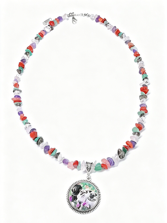 A meaningful Rainbow Bridge pet memorial necklace with 7-color natural crystal stones and a custom pet photo pendant to keep your pet's soul close.