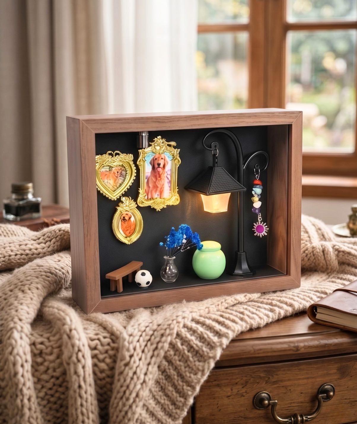 A thoughtful pet loss bereavement gift displayed on a wooden desk by a bright window. This custom 3D pet memorial shadow box rests on a cozy knitted blanket, featuring vintage Golden Retriever photos, a glowing miniature street lamp with a Natural Amethyst healing charm, blue flowers, a tiny bench, and a green ceramic keepsake jar for pet ashes or fur.