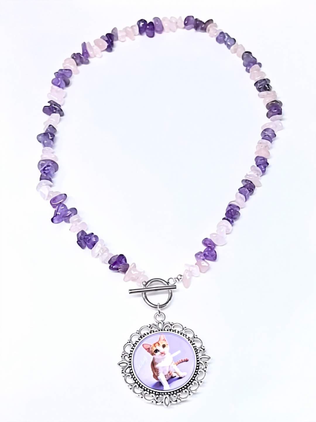 Vintage style custom pet picture necklace crafted with alternating purple amethyst and pink rose quartz gemstone beads.